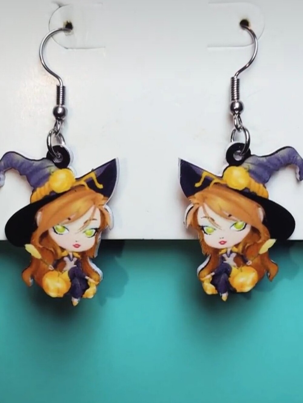 Whimsical Witch Girl Halloween Dangle Earrings in Orange & Black